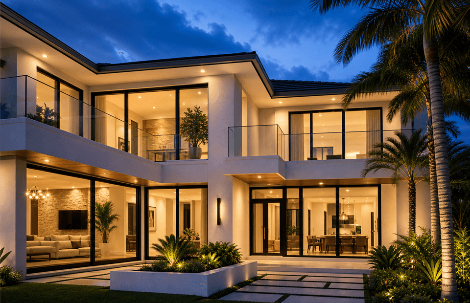 Modern South Florida impact glass home at dusk