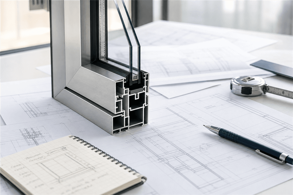 Impact window product sample and permit plans on a desk
